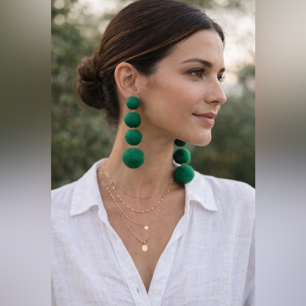 Green Felt Ball Statement Earrings | Bold Boho Dangle Pom Pom Earrings